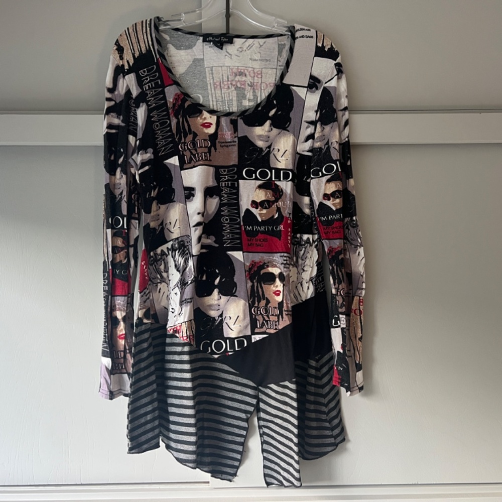 Michael Tyler Retro Magazine Newspaper Print Wearable Art Lagenlook Tunic Top M